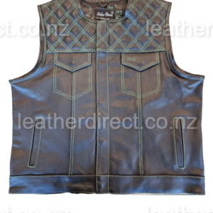 black leather vest with green stitch