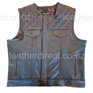 Black leather vest with red stitch