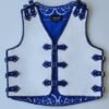 white leather vest with blue straps